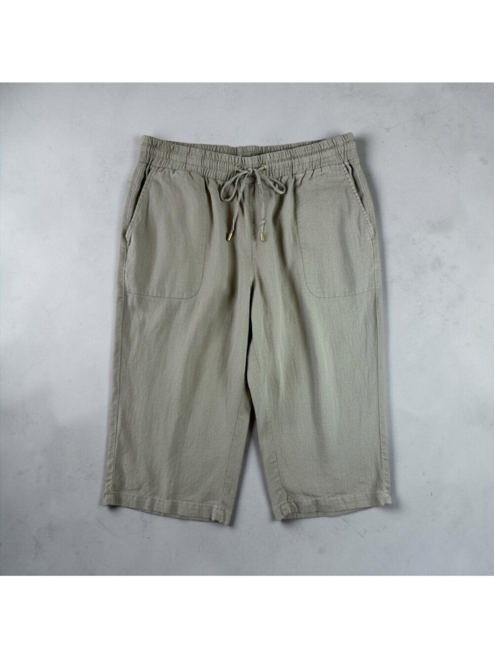 Ellen Tracy Beige Linen Pull On Bermuda Shorts Relaxed Elastic Waist Size L